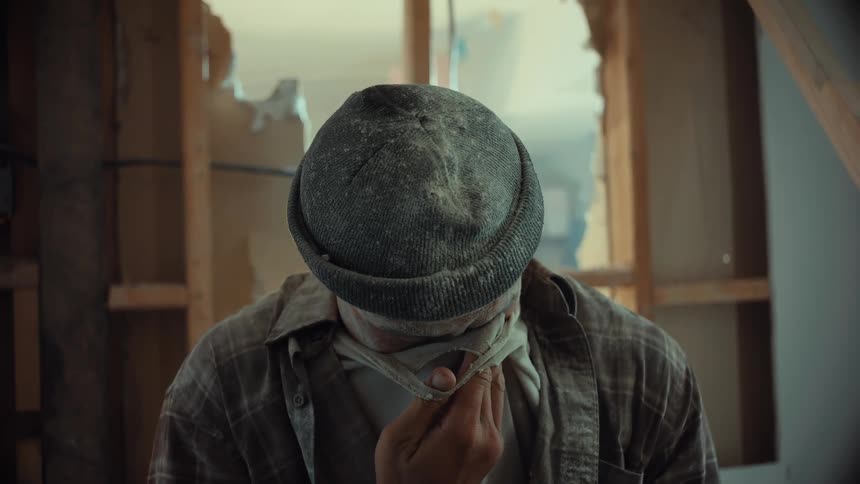 A dusty construction worker takes a break in slow motion, removing his mask and smiling proudly at his hard work