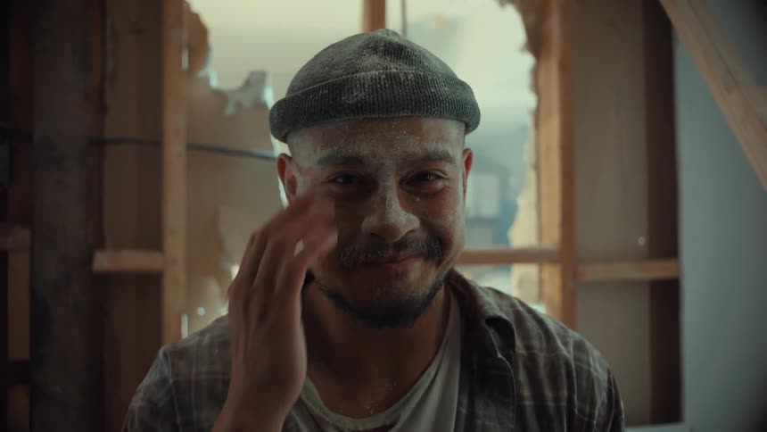 A tired but proud construction worker covered in dust takes off his safety glasses and wipes his face in slow motion