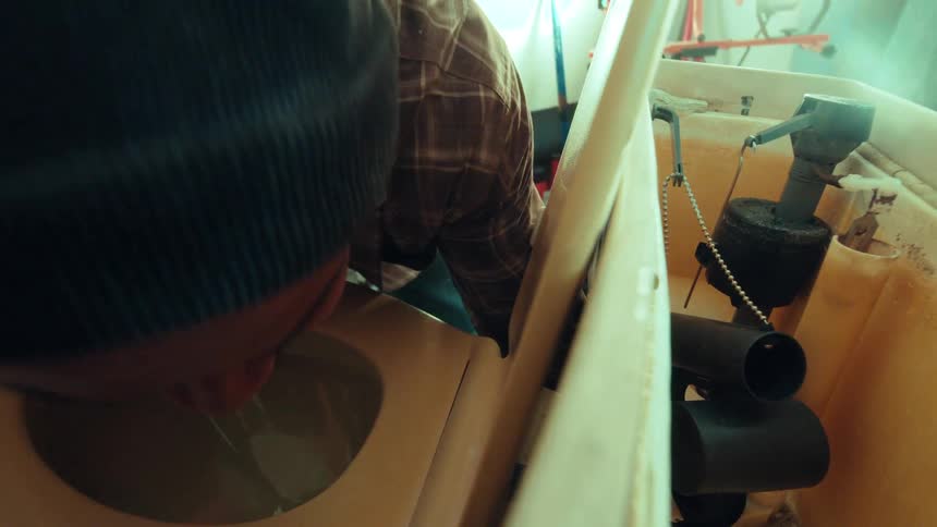 POV from inside a toilet tank as a thirsty man bends down to drink water from the bowl