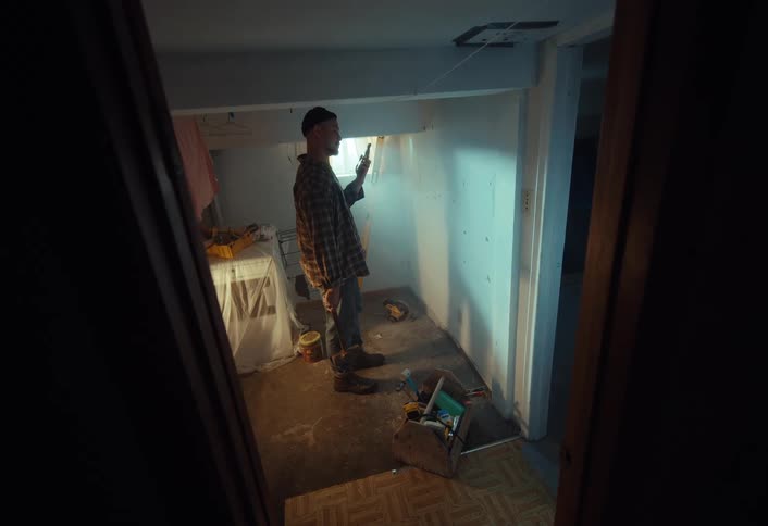A male contractor gets frustrated and dramatically swings a sledgehammer at a wall in a dusty basement during a home renovation