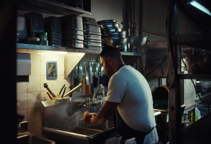 A tired male chef washes his hands and face in a dimly lit commercial kitchen sink after a long shift
