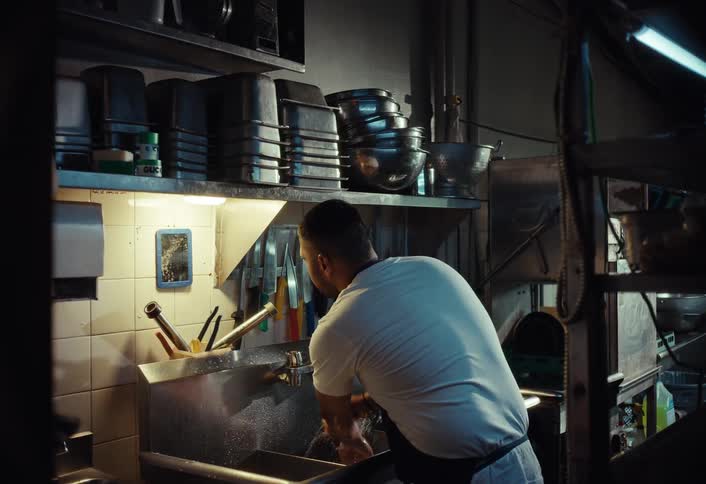 A tired chef washes his hands and face in the sink of a dim restaurant kitchen, taking a moment to recover after a long shift