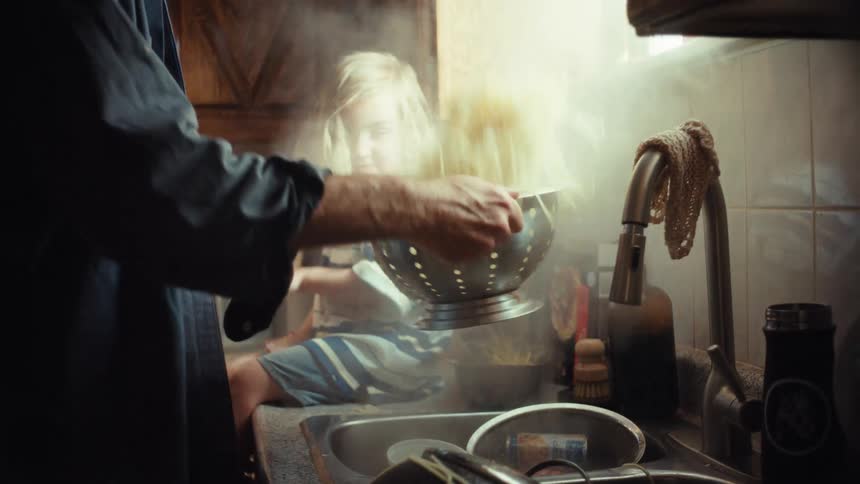 A father strains hot, steaming pasta in a colander while his young child watches from the kitchen counter