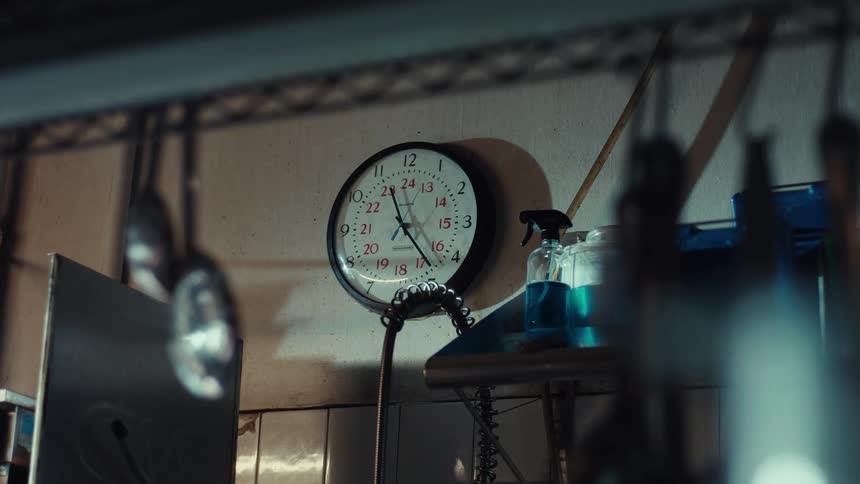 A clock on the wall of a busy restaurant kitchen with staff blurred in the foreground