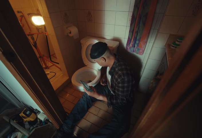 A young plumber watches an instructional video on a tablet to learn how to fix a toilet in a home bathroom