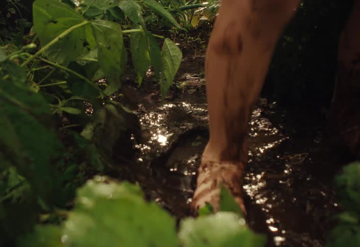 Close up of a child's muddy bare feet as they stomp and squish in a wet mud puddle surrounded by green plants
