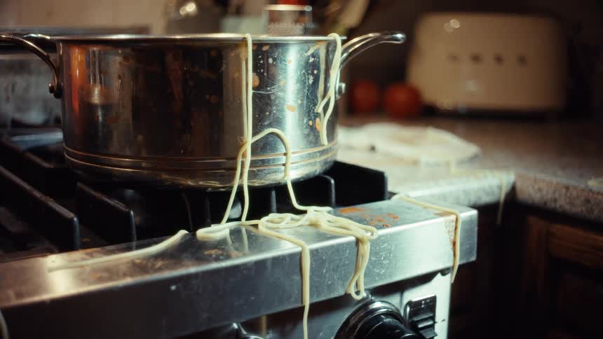 A focus pull on a messy kitchen stove with spaghetti spilled over a dirty pot