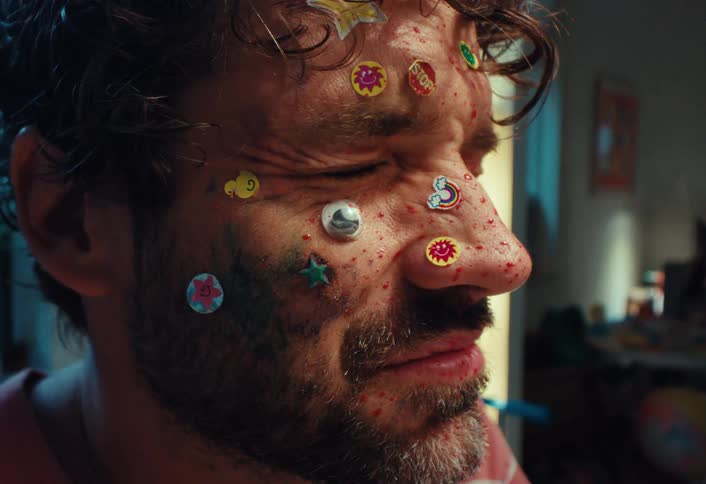 A funny close-up of a man grimacing with his eyes shut, his face adorned with colorful children's stickers