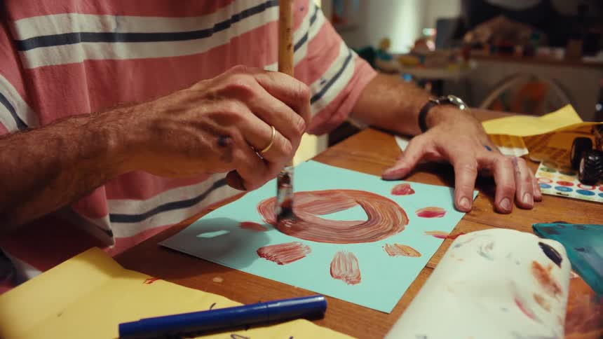 A focused man with paint smeared on his face carefully paints a childlike picture of the sun at his desk