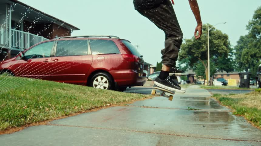 A skateboarder performs a kickflip in super slow motion on a wet sidewalk in a suburban neighborhood