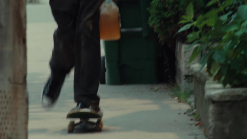A young man with a red backpack skateboards in slow motion down a sidewalk, carrying a jug, before walking towards the camera