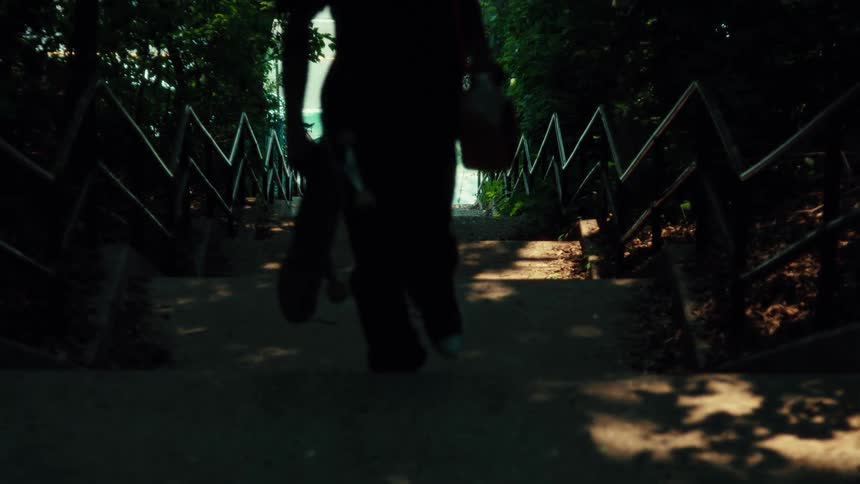 A silhouetted skateboarder walks up a dark, tree-lined staircase in slow motion