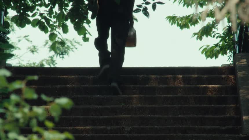 A person with a red backpack and dreadlocks carries a skateboard and a glass jug up a long flight of concrete stairs surrounded by trees