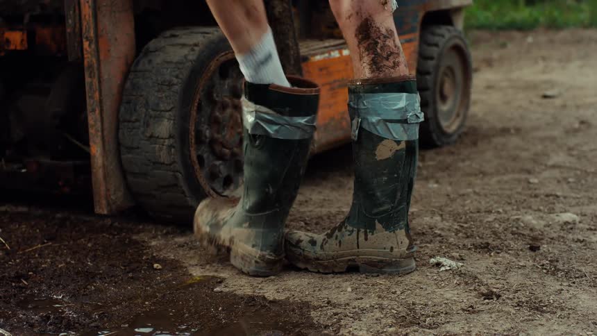 A worker with muddy legs and cutoff denim shorts slowly removes their duct-taped, muddy boots in a farmyard