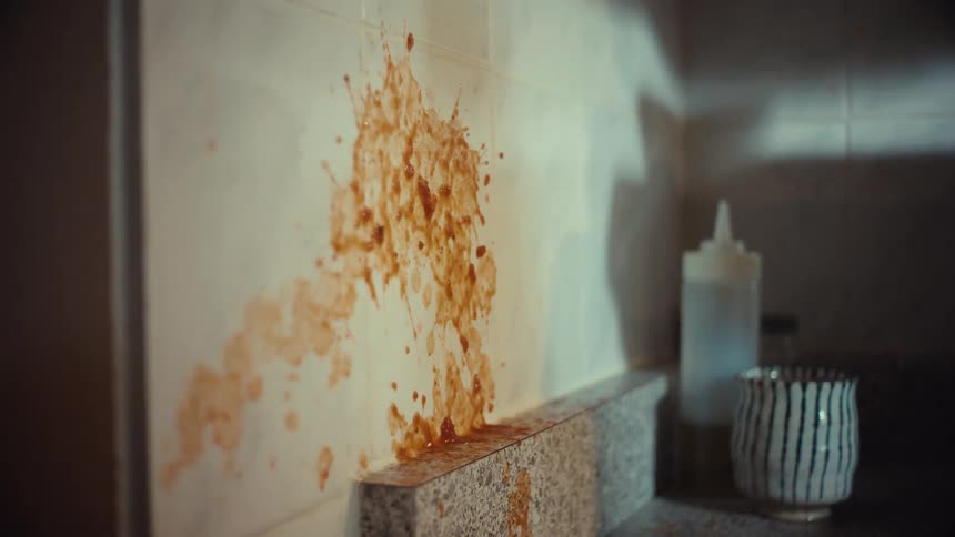 Shadow of a person holding a knife splatters a red substance onto a tiled kitchen wall