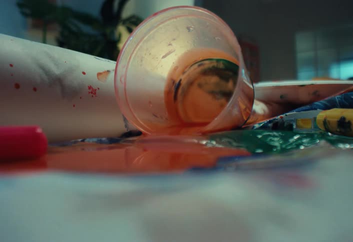 An artist's clumsy hand knocks over a cup of orange paint, which spills across the white canvas in a messy accident