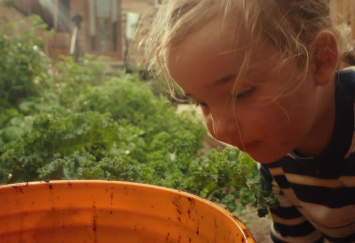 A curious young child with dirty hands plays in a lush backyard garden, carefully examining something they found