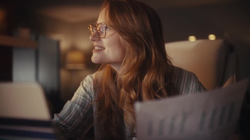 A smiling businesswoman analyzes financial charts on paper and a large touchscreen monitor while working from her home office at night