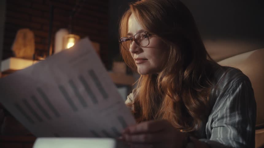 A focused young woman with glasses reviews a business report with charts while working late at night in a dimly lit room