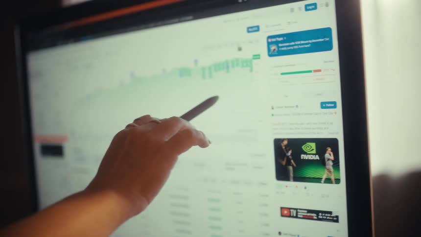 Over the shoulder shot of a businesswoman analyzing a rising stock market chart on her laptop and computer monitor
