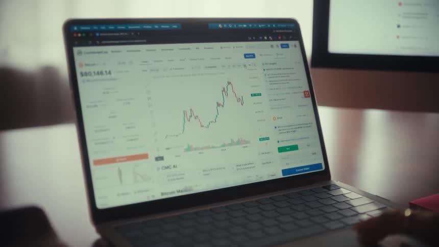 A financial trader analyzes cryptocurrency charts on a laptop, zooming in to track market fluctuations