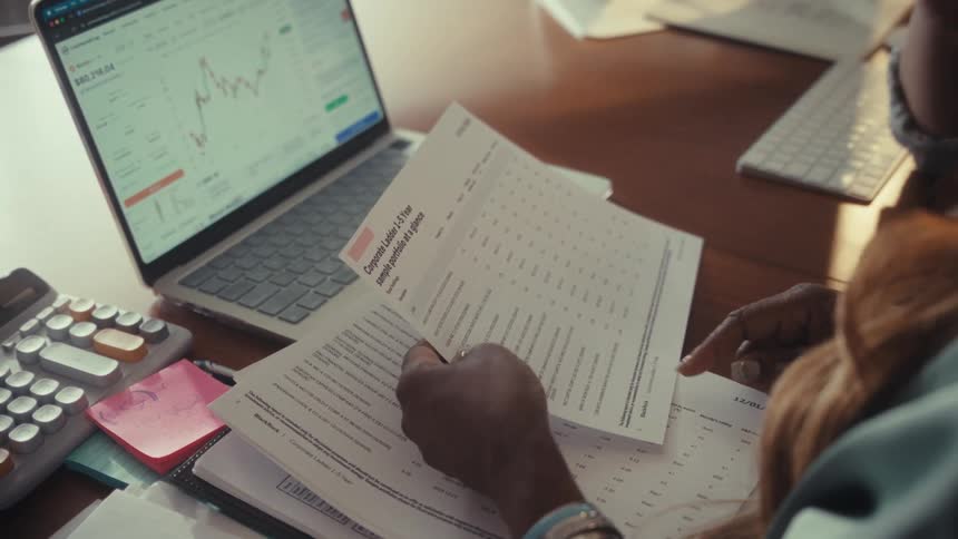 A financial advisor explains a corporate portfolio to a client while reviewing documents and stock market charts on a laptop