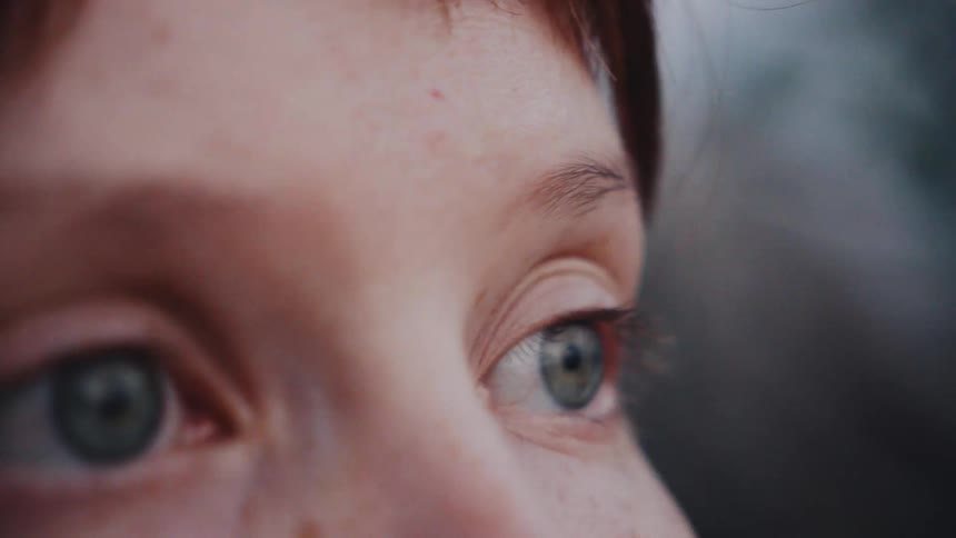 An extreme close-up reveals the detailed beauty of a freckled child's contemplative green eyes