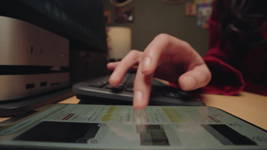 From a low angle, a woman types on her keyboard and scrolls through an online shopping app on her smartphone at her home office desk