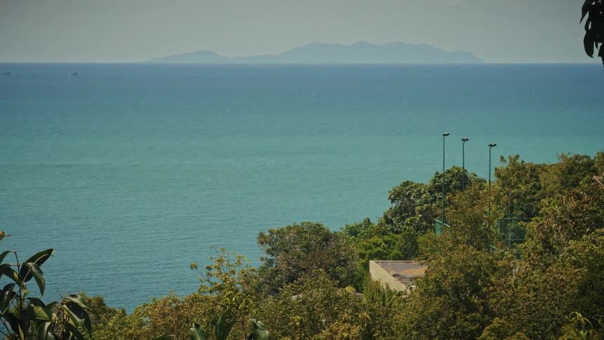 A serene view of the calm turquoise ocean from a tropical hillside, with a distant island on the horizon