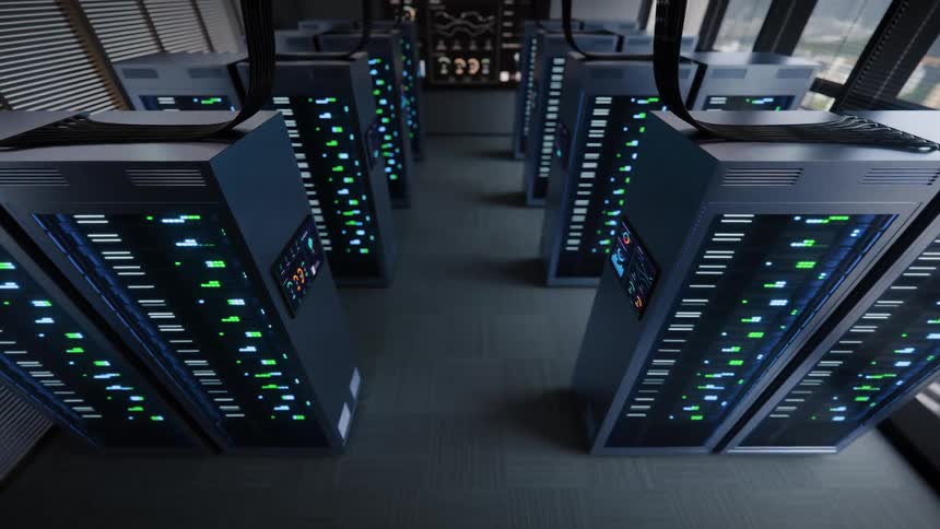 A slow zoom-out from a modern server room aisle, showcasing rows of working data servers with blinking lights and monitoring screens