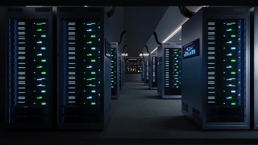 A slow reveal of a modern, futuristic data center with rows of server racks and blinking indicator lights
