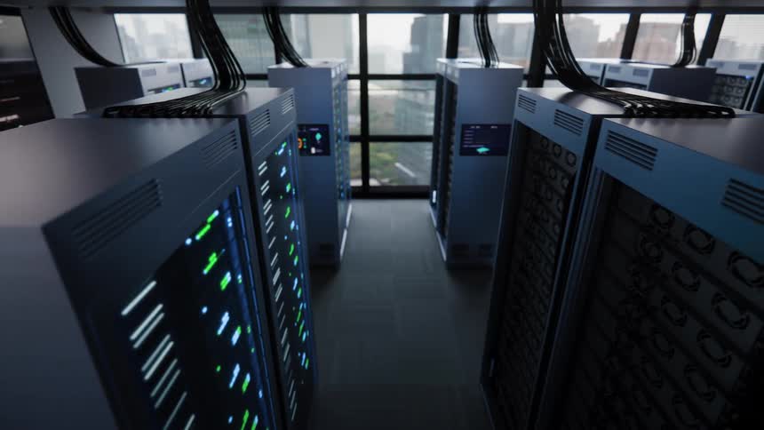 A slow, cinematic fly-through of a modern server room with blinking lights and a cityscape view