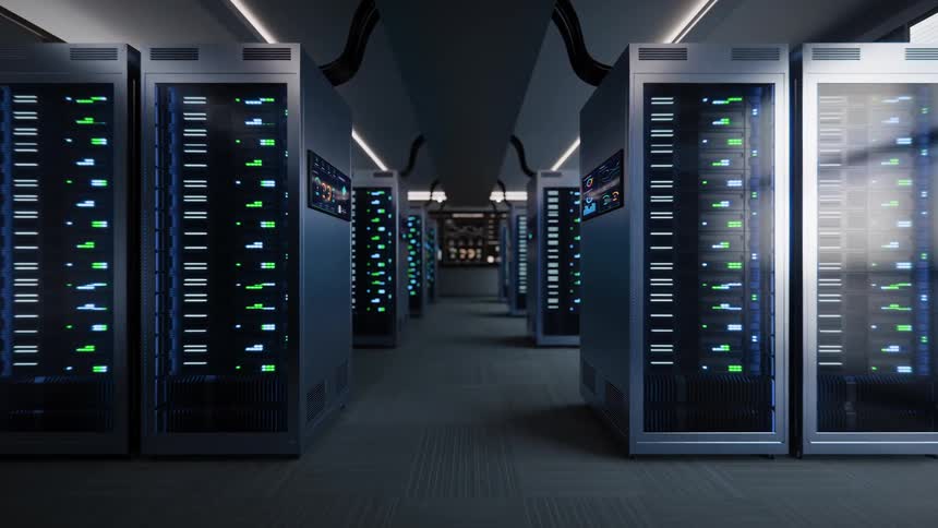 Smooth forward tracking shot through a dark, high-tech server room corridor with blinking lights and data visualizations on modern server racks