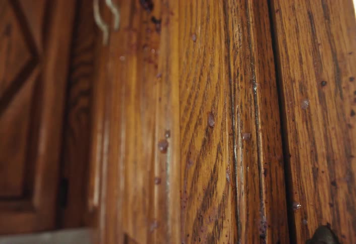 Slow motion shot of dark purple jelly splattering against a wooden kitchen cabinet