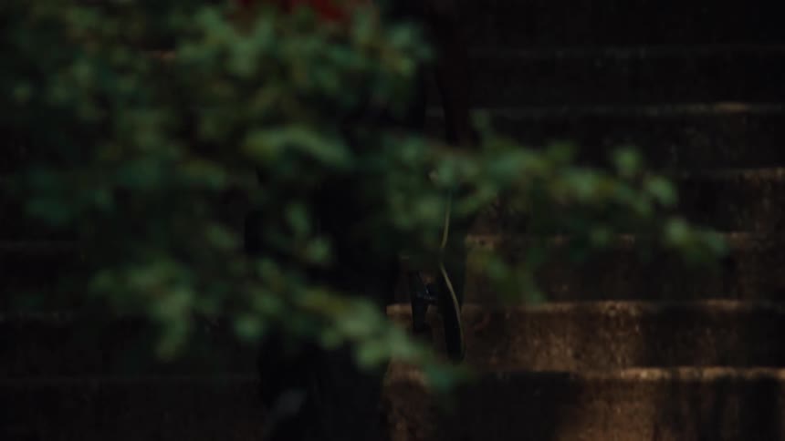 A skater with a red backpack carries their board up concrete stairs in slow motion as the evening light fades