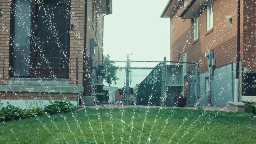 A low-angle shot of a water sprinkler spraying a lush green lawn in a suburban backyard