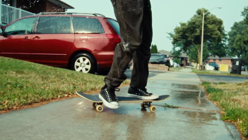 A skateboarder's feet perform a trick in extreme slow motion on a wet suburban sidewalk