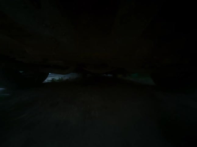 A low-angle POV shot from underneath a car driving off a dirt road and stopping in the tall grass at night