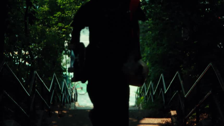 A silhouetted figure with a skateboard slowly walks up a dark, tree-lined staircase, moving from the bright street below into shadow