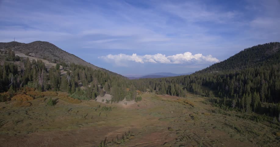Aerial footage slowly pulls back over a vast mountain valley with pine forests under a blue sky