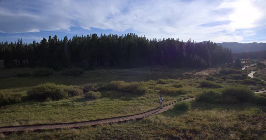 A lone hiker walks in slow motion on a boardwalk trail winding through a scenic mountain meadow with a dense forest in the background