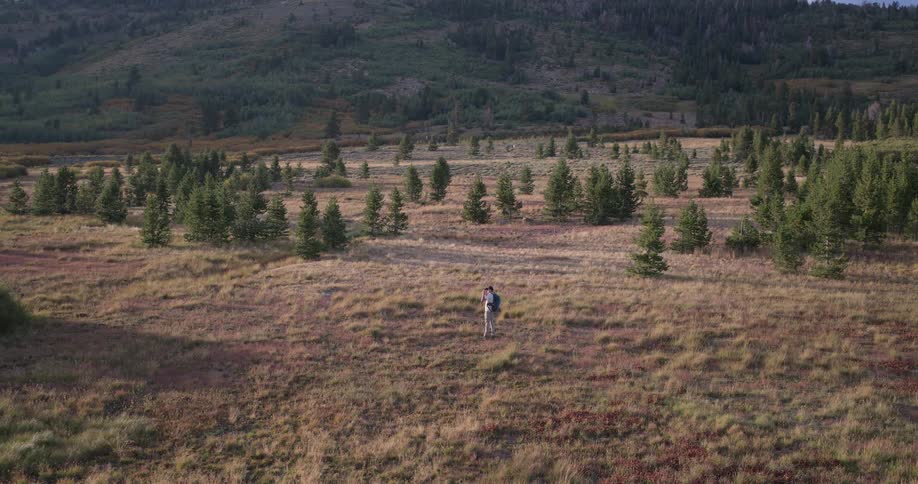 A lone hiker with a backpack stands motionless in a vast, golden mountain meadow, dwarfed by the immense landscape