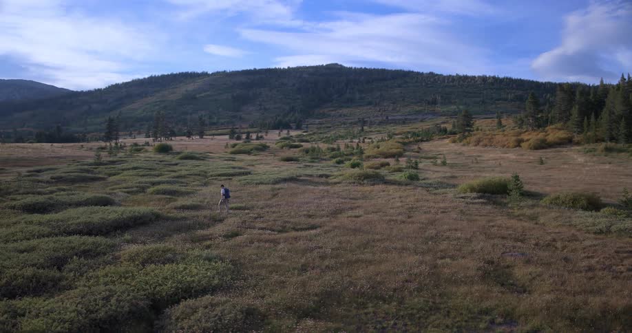 An aerial shot follows a lone hiker with a backpack as he treks through a vast, scenic mountain meadow at golden hour
