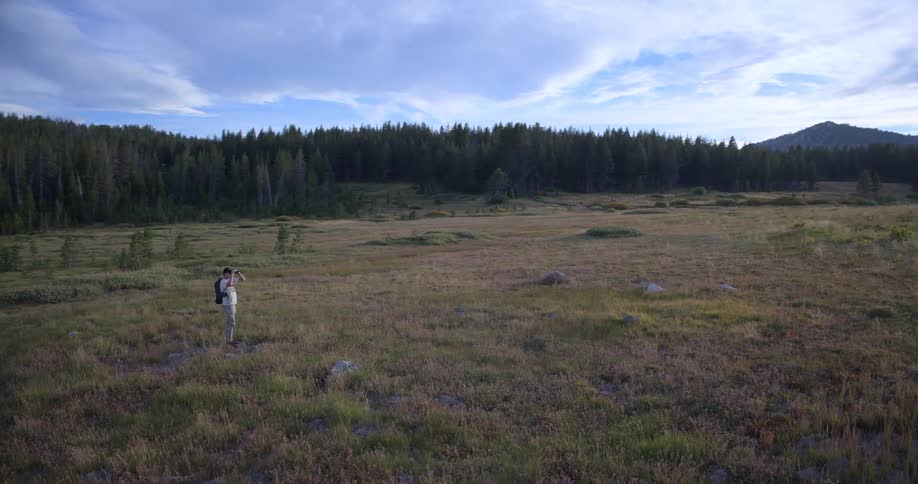 A hiker walks across a vast mountain meadow and stops to look through his binoculars at the surrounding forest