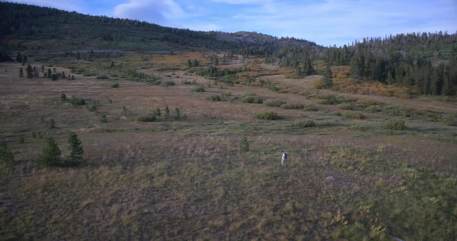 Aerial footage circles a lone backpacker as he hikes through a vast and scenic mountain meadow