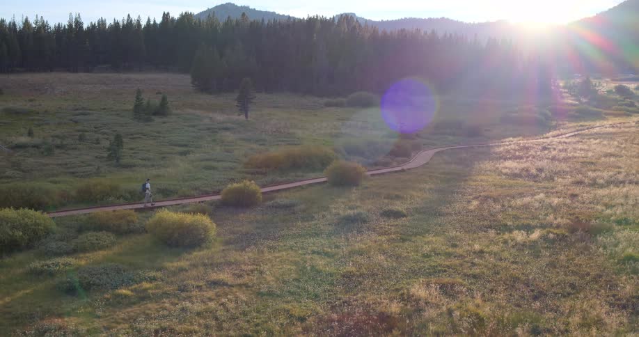 A lone hiker walks along a wooden boardwalk through a vast mountain meadow as the warm sun rises over the distant forest