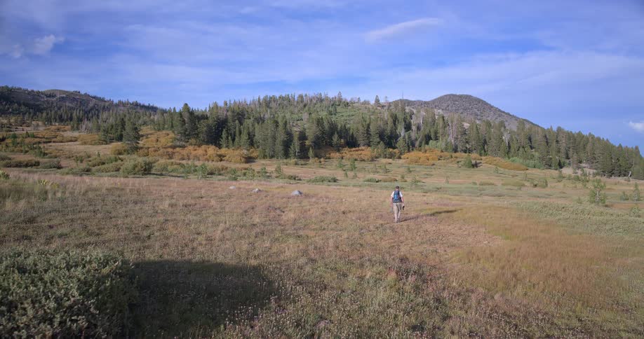 A lone hiker with a backpack and trekking poles walks through a wide-open mountain meadow on a sunny day