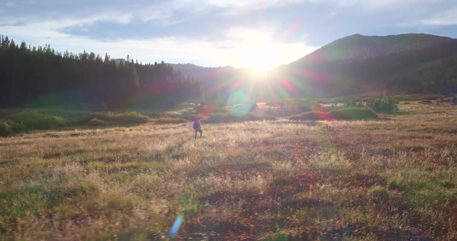 A lone hiker with a backpack walks through a beautiful golden meadow in a mountain valley as the sun sets, stopping to admire the scenic view