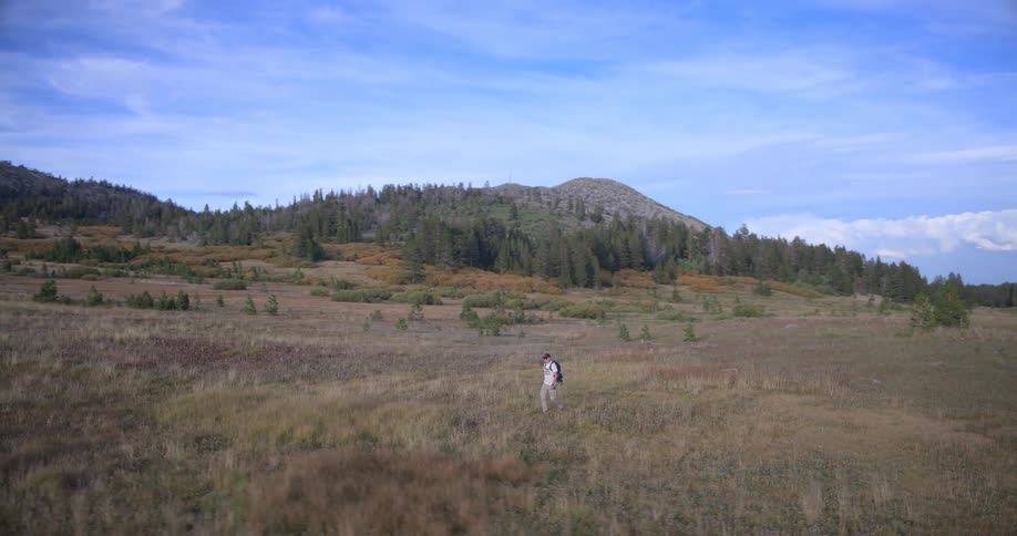 A lone hiker with a backpack walks through a vast mountain meadow on a sunny day