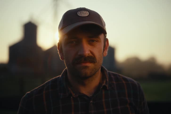A serious farmer with a mustache looks up at the camera as the sun sets behind the silos on his farm